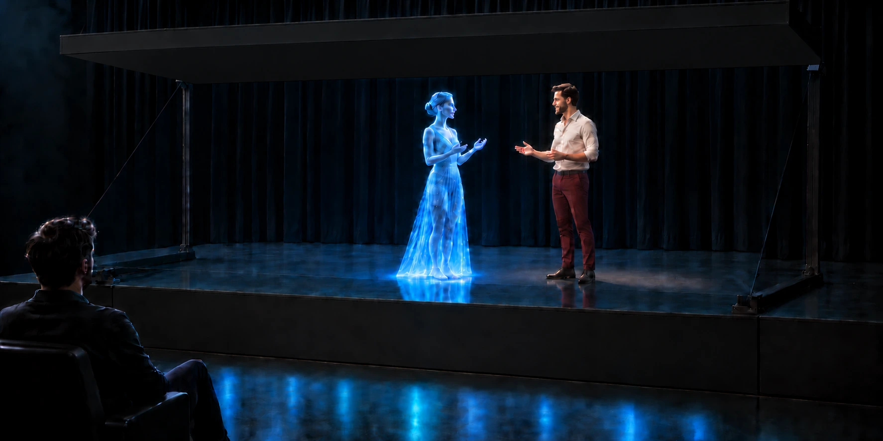 3D stage visualisation with almost invisible foil, a holographic character and a live performer